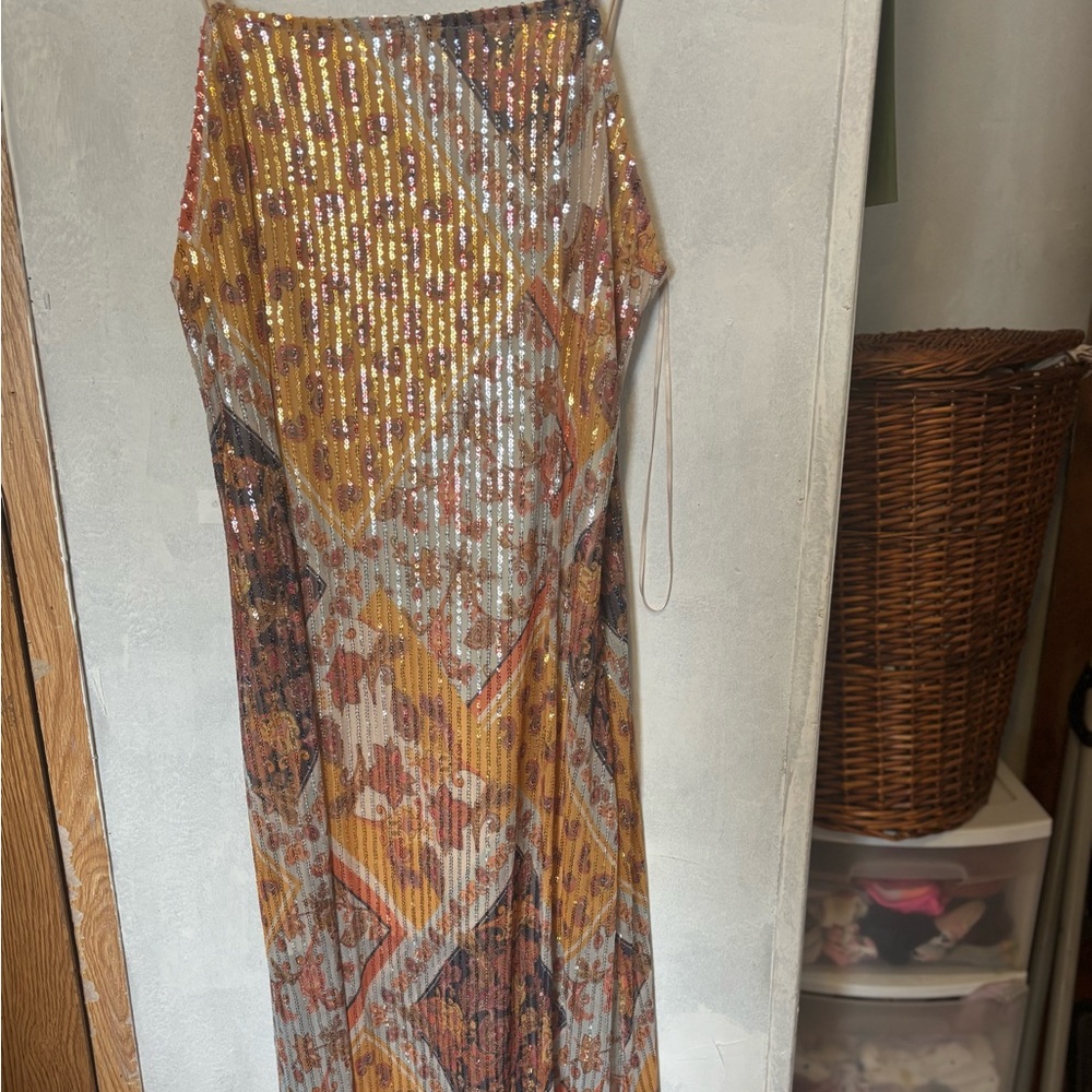 Zara Patchwork Printed Sequin Midi Dress - Orange Multi - Women's Size Large